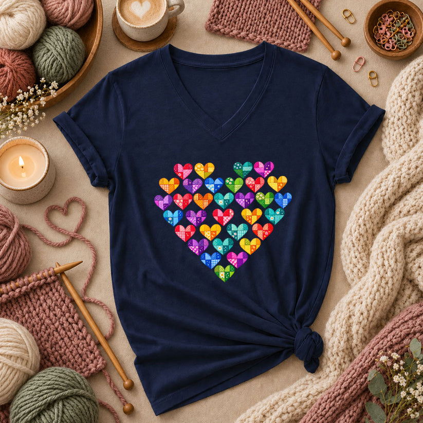 Patchwork Hearts Heart Shape Women's V-Neck - Navy
