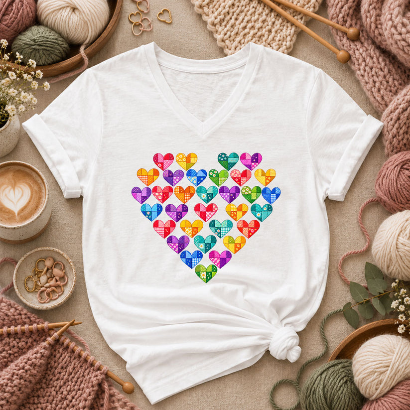 Patchwork Hearts Heart Shape Women's V-Neck - White