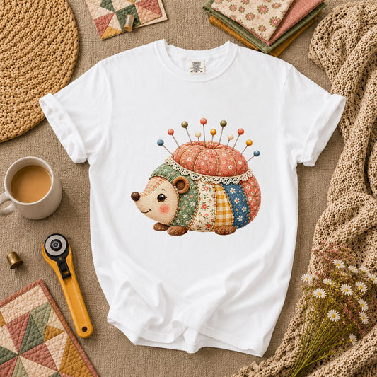 Patchwork Hedgehog Pincushion Cottage T-Shirt - White