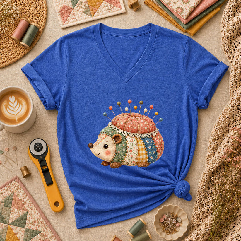 Patchwork Hedgehog Pincushion Cottage Women's V-Neck - Heather True Royal