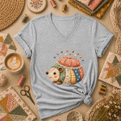 Patchwork Hedgehog Pincushion Cottage Women's V-Neck - Sport Grey