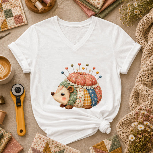 Patchwork Hedgehog Pincushion Cottage Women's V-Neck - White