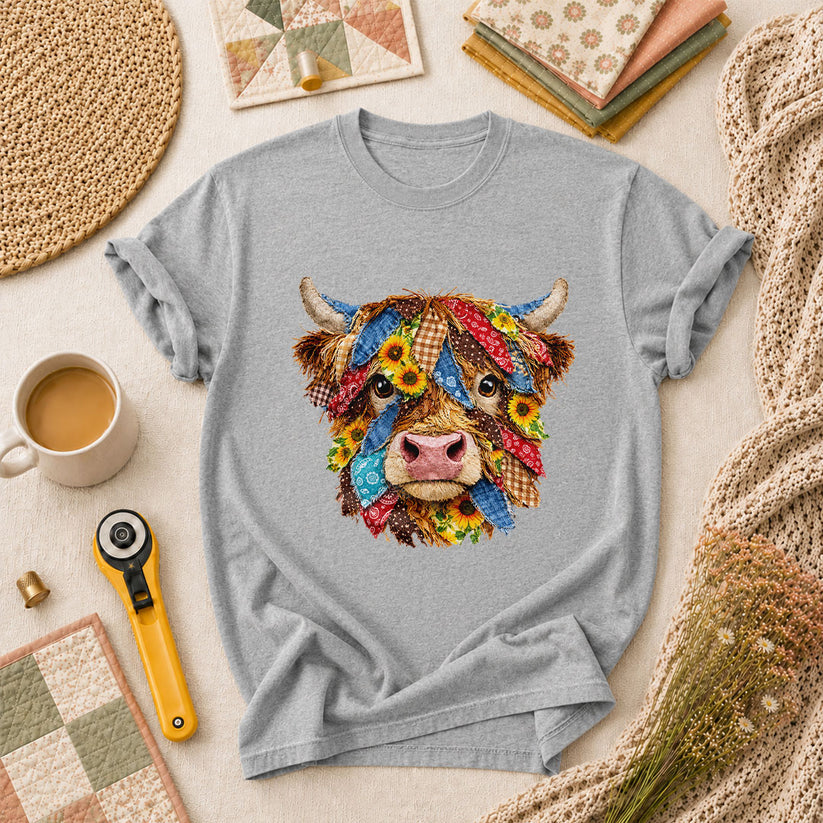 Patchwork Highland Cow Quilter T-Shirt - Athletic Heather