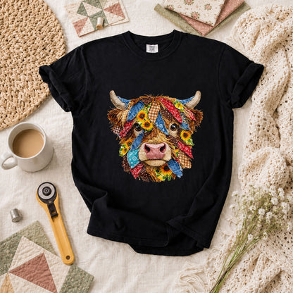 Patchwork Highland Cow Quilter T-Shirt - Black