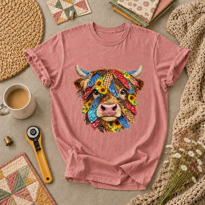 Patchwork Highland Cow Quilter T-Shirt - Heather Mauve