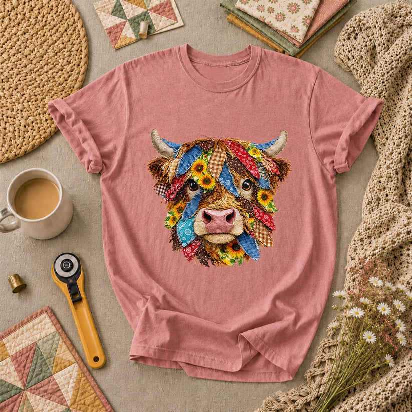 Patchwork Highland Cow Quilter T-Shirt - Heather Mauve