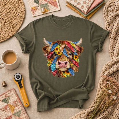 Patchwork Highland Cow Quilter T-Shirt - Military Green