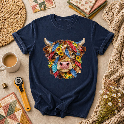 Patchwork Highland Cow Quilter T-Shirt - Navy