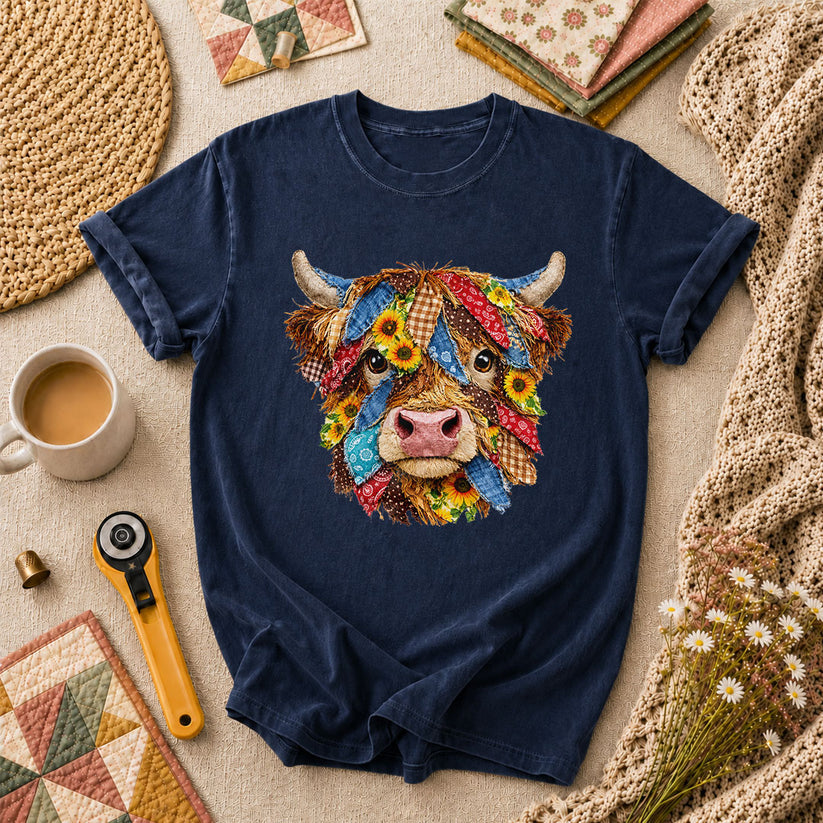 Patchwork Highland Cow Quilter T-Shirt - Navy