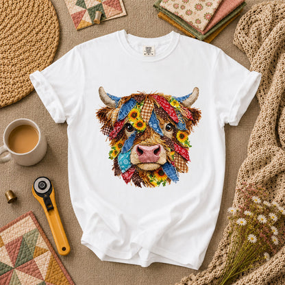 Patchwork Highland Cow Quilter T-Shirt - White