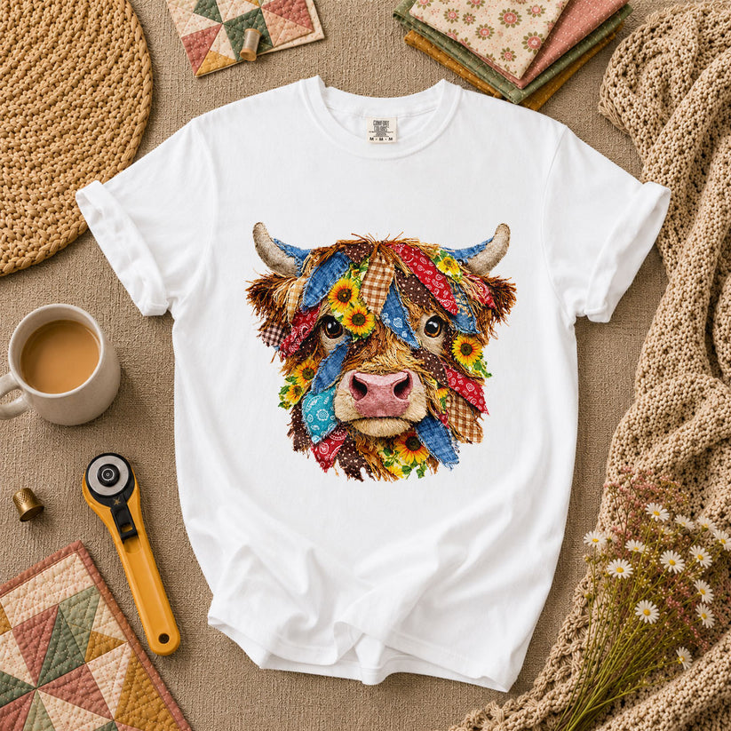 Patchwork Highland Cow Quilter T-Shirt - White