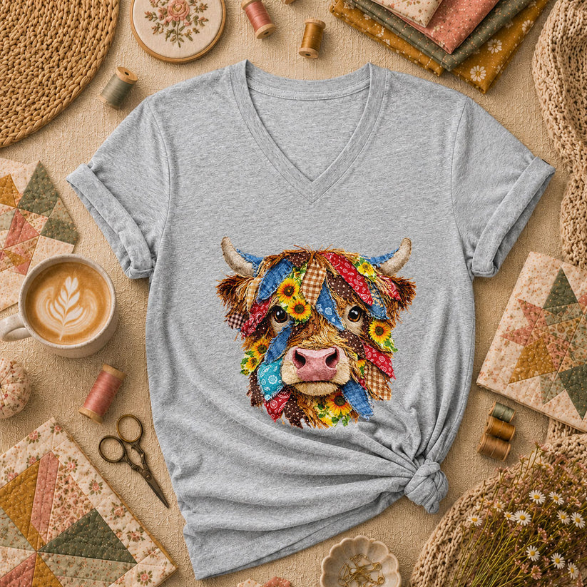 Patchwork Highland Cow Quilter Women's V-Neck - Athletic Heather