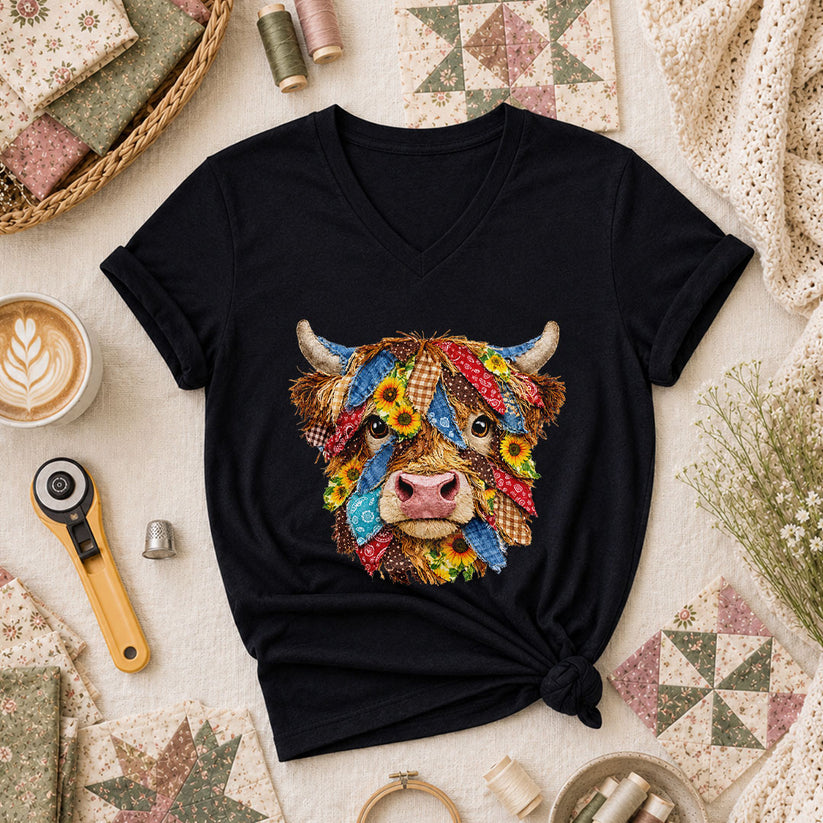 Patchwork Highland Cow Quilter Women's V-Neck - Black