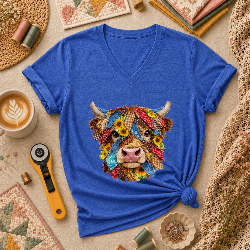 Patchwork Highland Cow Quilter Women's V-Neck - Heather True Royal