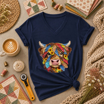 Patchwork Highland Cow Quilter Women's V-Neck - Navy
