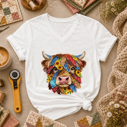 Patchwork Highland Cow Quilter Women's V-Neck - White