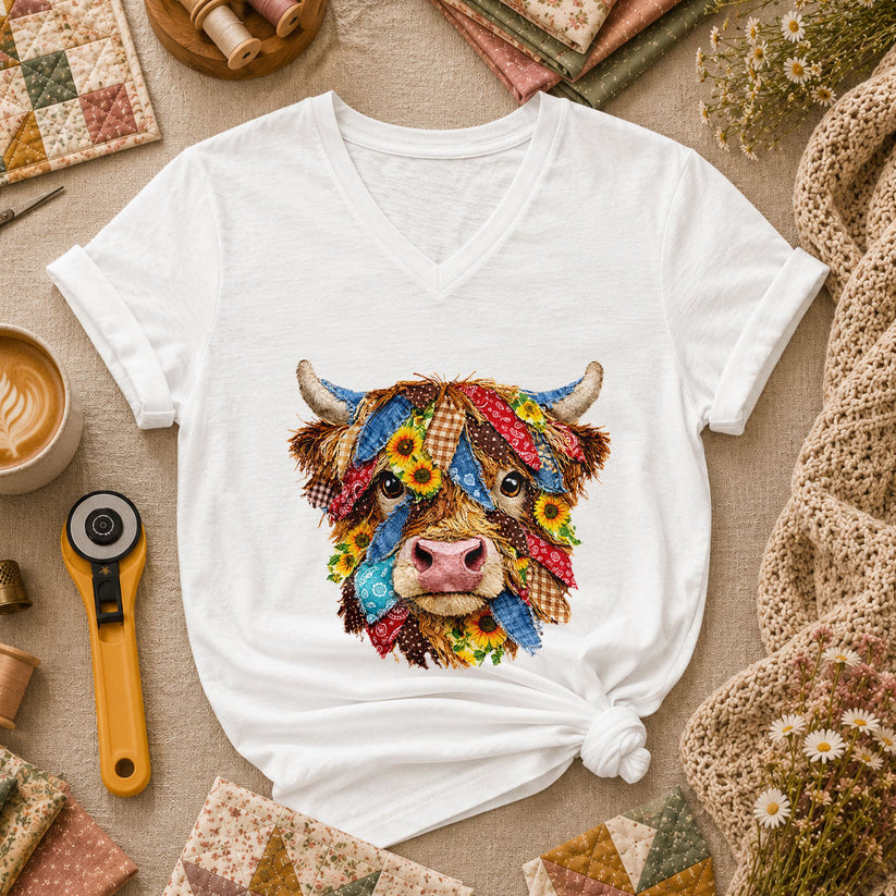 Patchwork Highland Cow Quilter Women's V-Neck - White