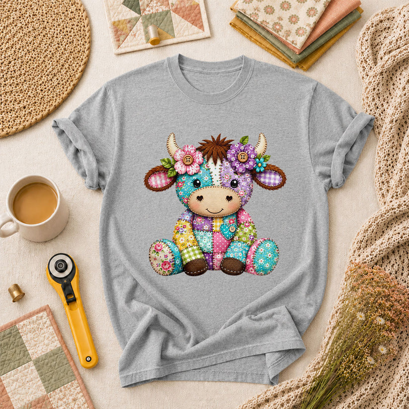 Patchwork Highland Cow With Flowers T-Shirt - Athletic Heather