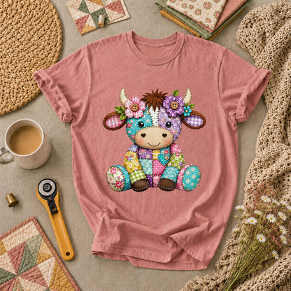 Patchwork Highland Cow With Flowers T-Shirt - Heather Mauve