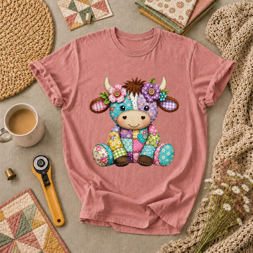 Patchwork Highland Cow With Flowers T-Shirt - Heather Mauve