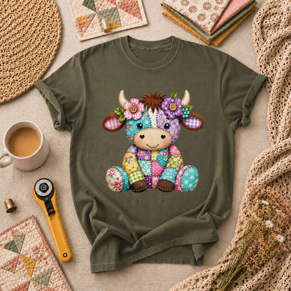 Patchwork Highland Cow With Flowers T-Shirt - Military Green