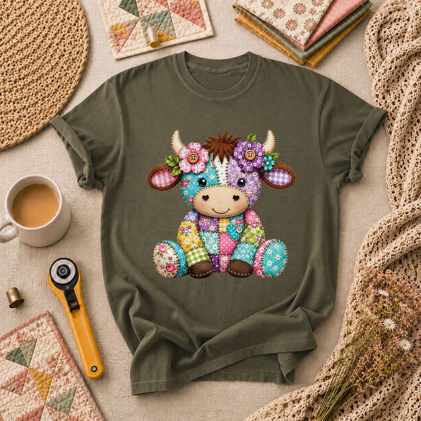 Patchwork Highland Cow With Flowers T-Shirt - Military Green