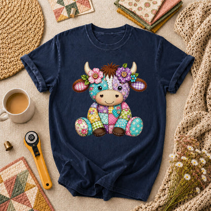 Patchwork Highland Cow With Flowers T-Shirt - Navy