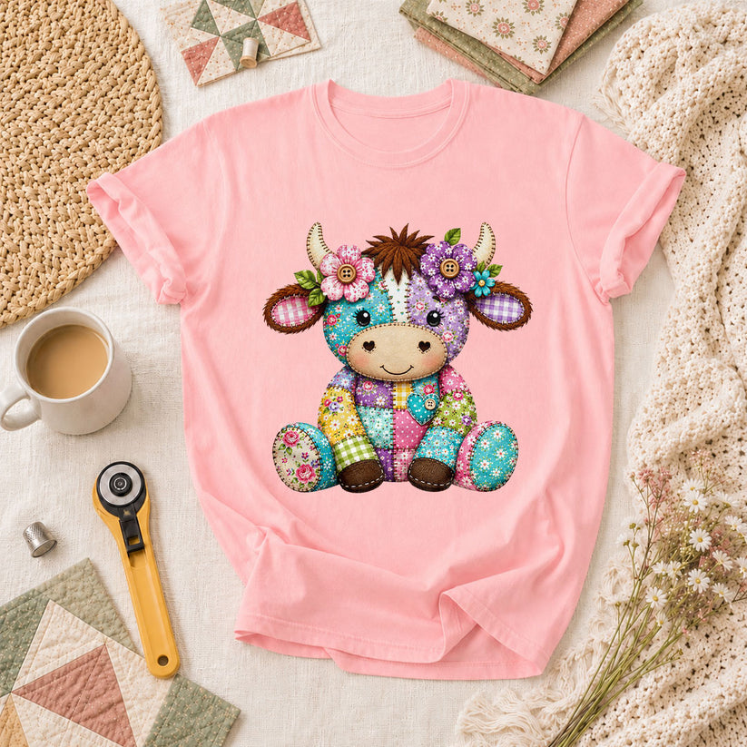 Patchwork Highland Cow With Flowers T-Shirt - Pink
