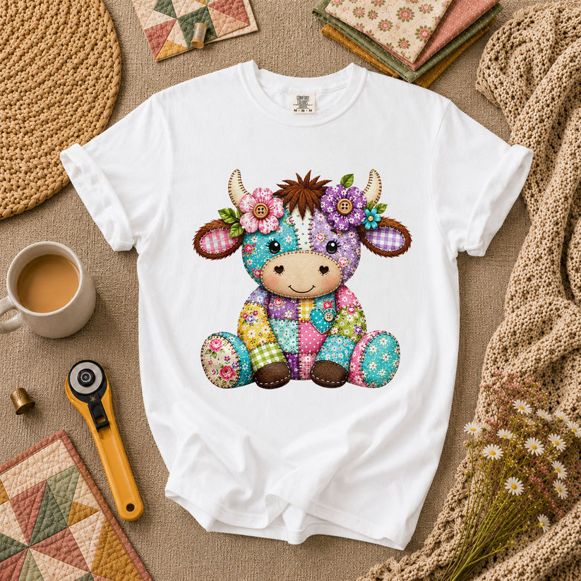 Patchwork Highland Cow With Flowers T-Shirt - White