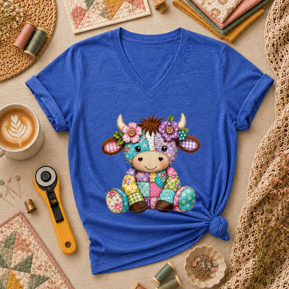Patchwork Highland Cow With Flowers Women's V-Neck - Heather True Royal