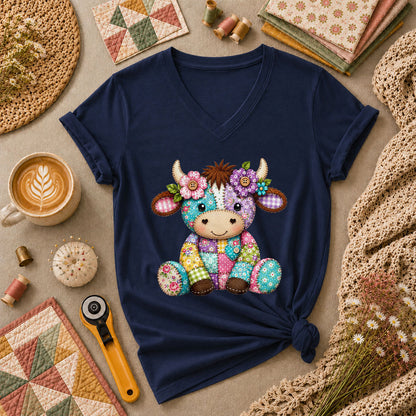 Patchwork Highland Cow With Flowers Women's V-Neck - Navy