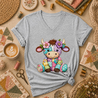 Patchwork Highland Cow With Flowers Women's V-Neck - Sport Grey