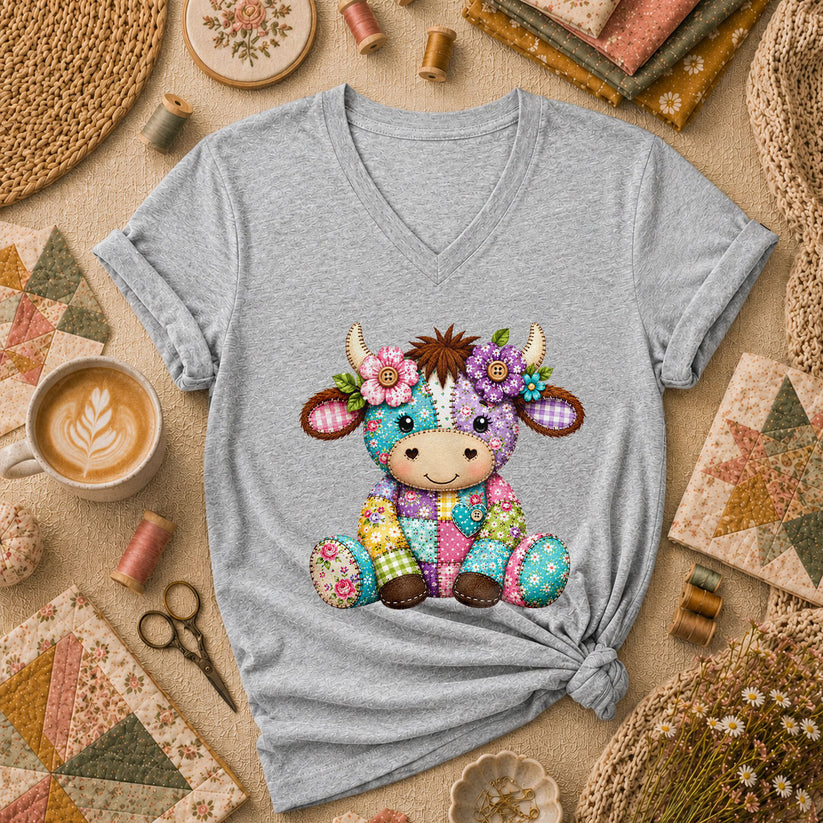Patchwork Highland Cow With Flowers Women's V-Neck - Sport Grey