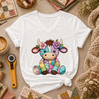 Patchwork Highland Cow With Flowers Women's V-Neck - White