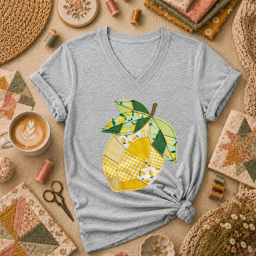 Patchwork Lemon Fruit Quilter Women's V-Neck - Athletic Heather