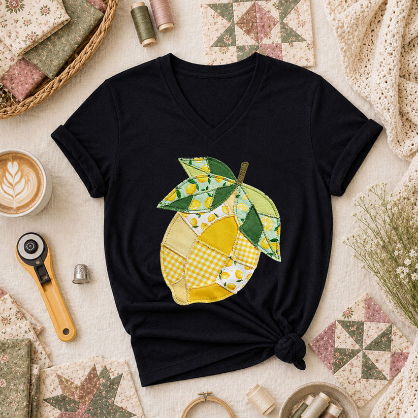 Patchwork Lemon Fruit Quilter Women's V-Neck - Black