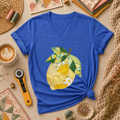Patchwork Lemon Fruit Quilter Women's V-Neck - Heather True Royal
