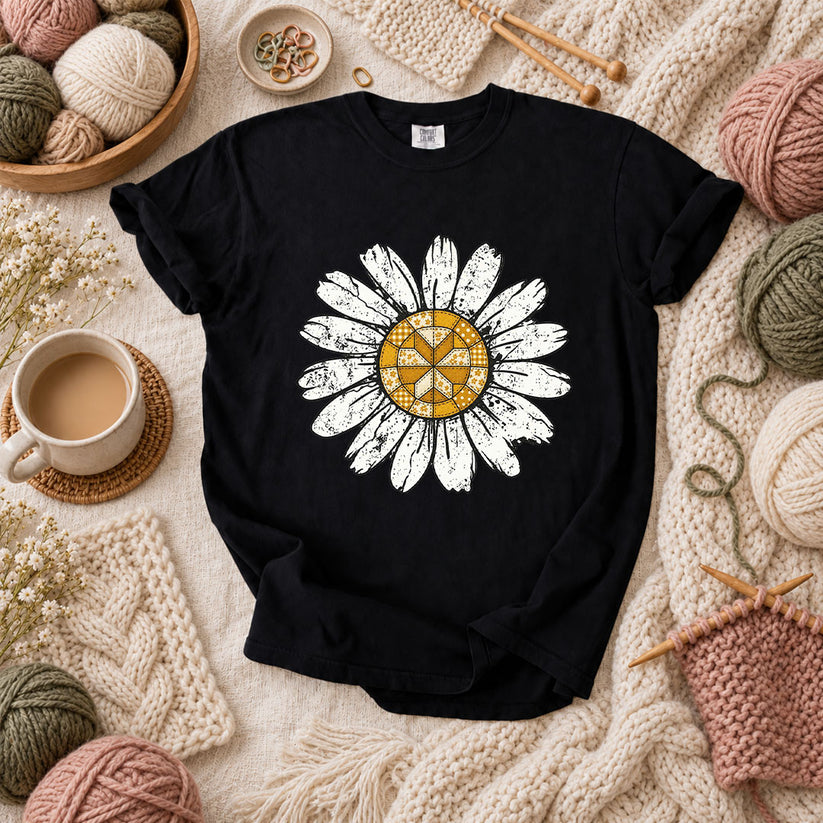 Patchwork Quilt Block Daisy T-Shirt - Black