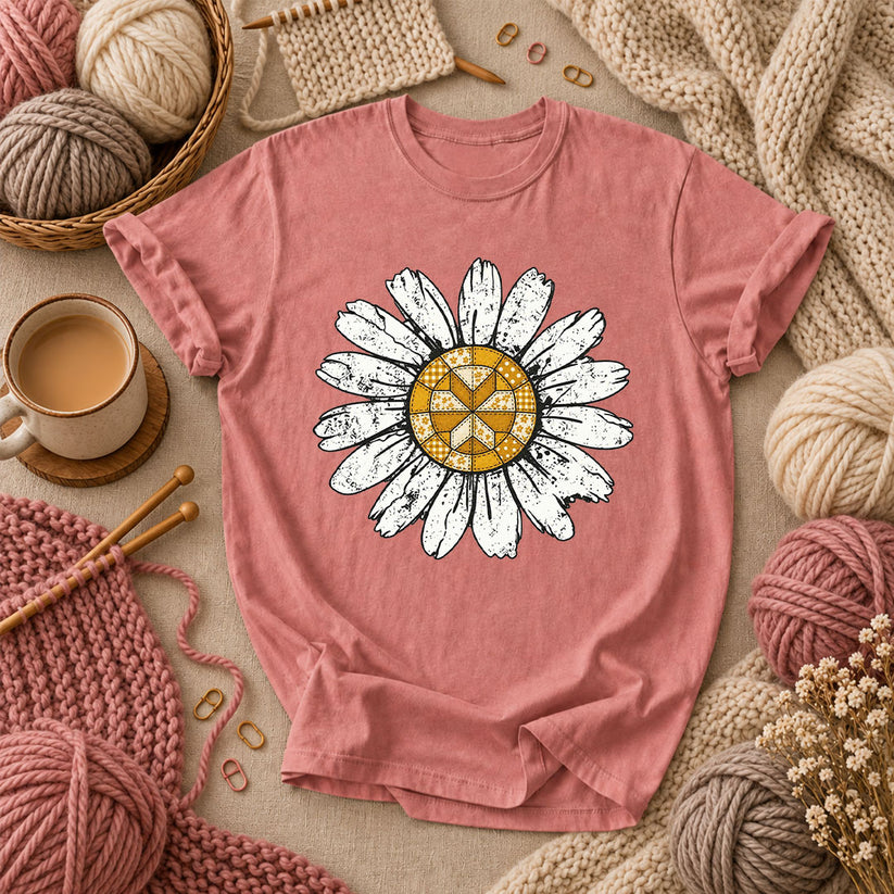 Patchwork Quilt Block Daisy T-Shirt - Heather Mauve