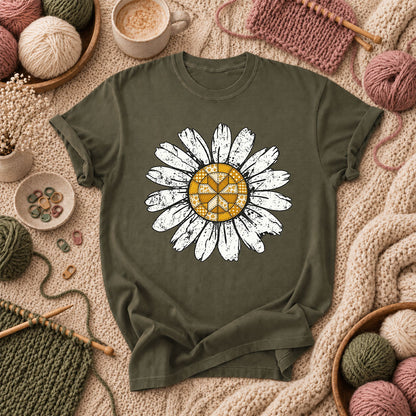 Patchwork Quilt Block Daisy T-Shirt - Military Green