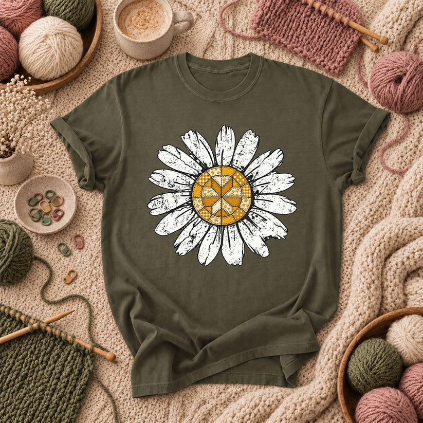 Patchwork Quilt Block Daisy T-Shirt - Military Green