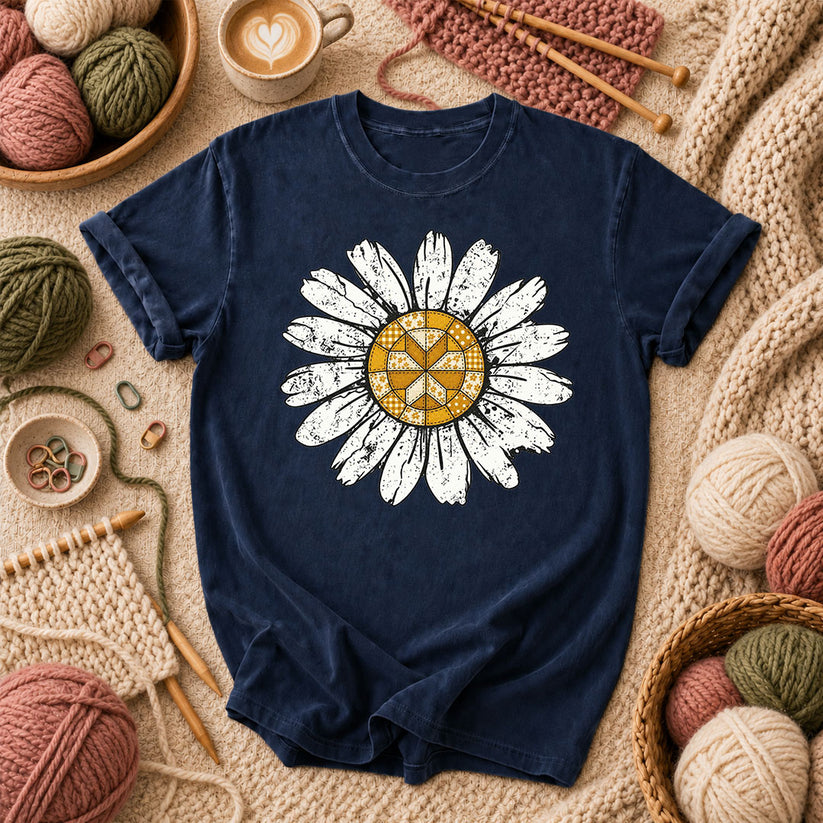 Patchwork Quilt Block Daisy T-Shirt - Navy