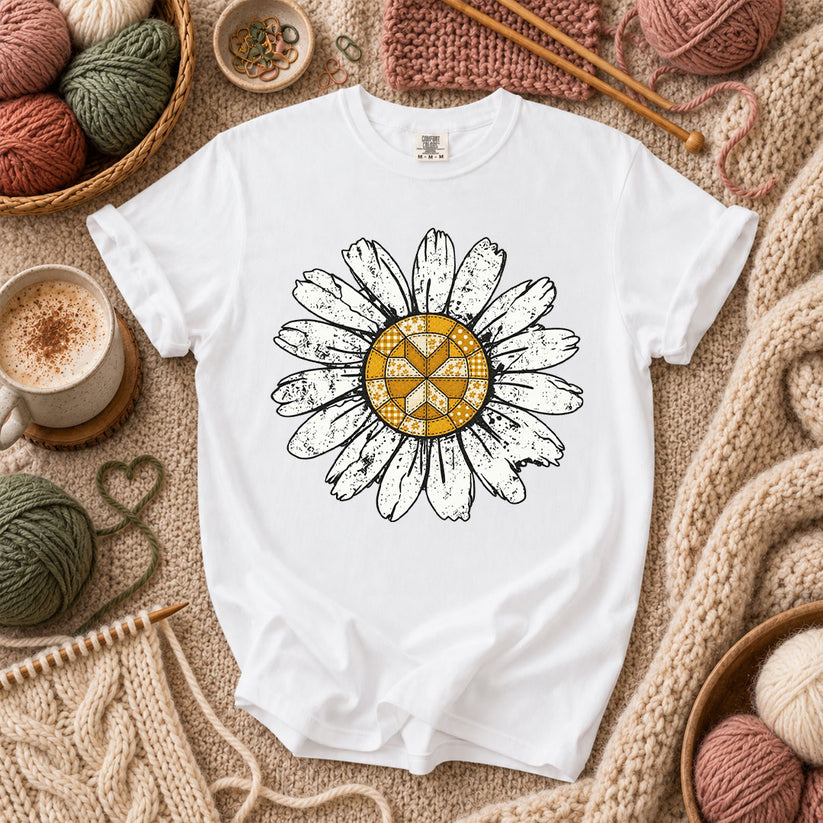 Patchwork Quilt Block Daisy T-Shirt - White