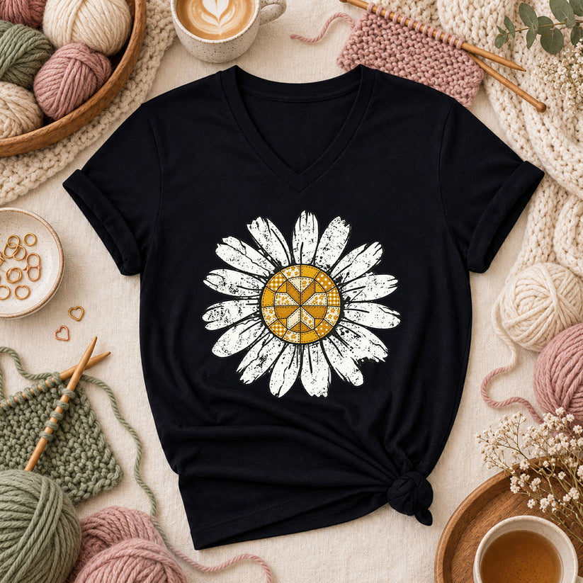 Patchwork Quilt Block Daisy Women's V-Neck - Black