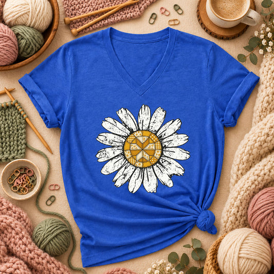 Patchwork Quilt Block Daisy Women's V-Neck - Heather True Royal