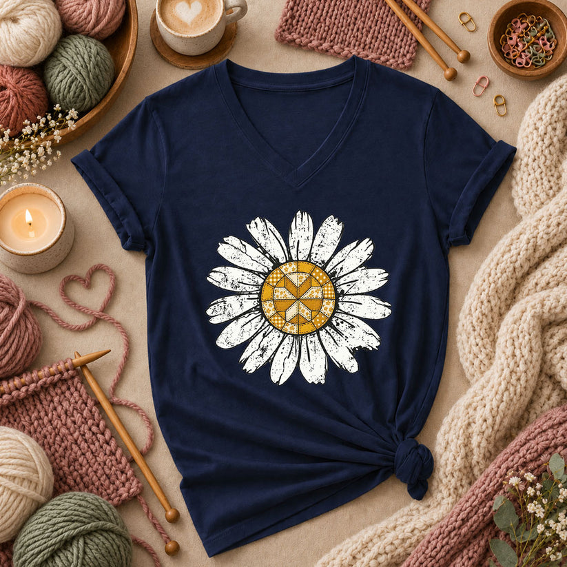 Patchwork Quilt Block Daisy Women's V-Neck - Navy