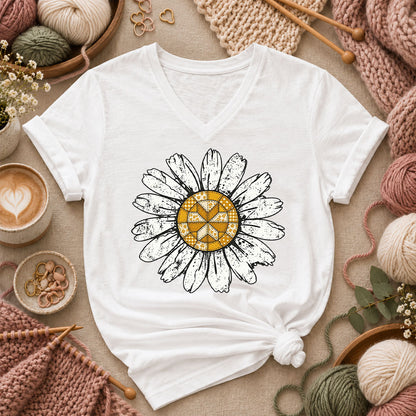 Patchwork Quilt Block Daisy Women's V-Neck - White