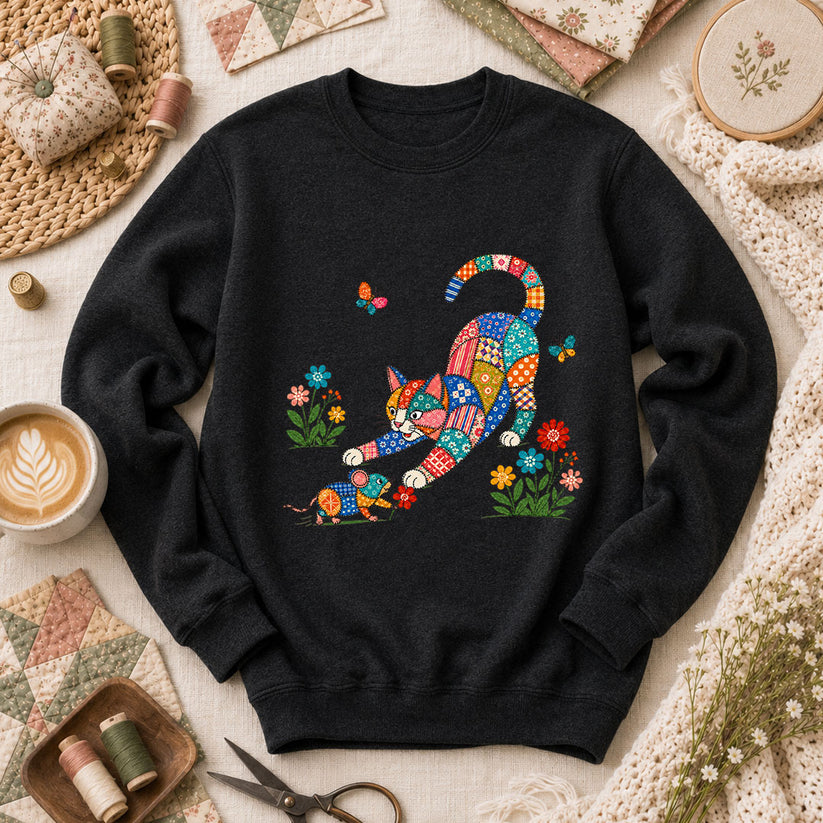 Patchwork Quilt Cat And Mouse Long Sleeve - Black