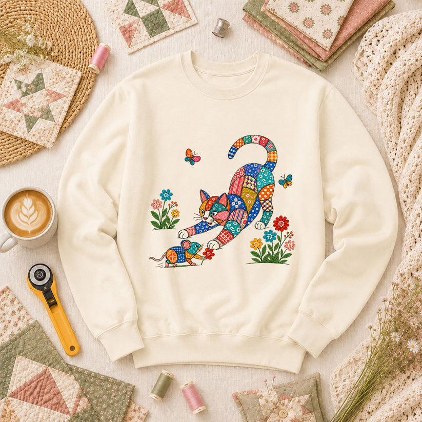 Patchwork Quilt Cat And Mouse Long Sleeve - Natural