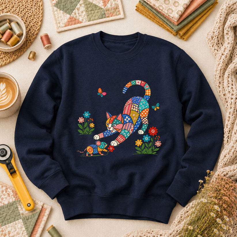 Patchwork Quilt Cat And Mouse Long Sleeve - Navy